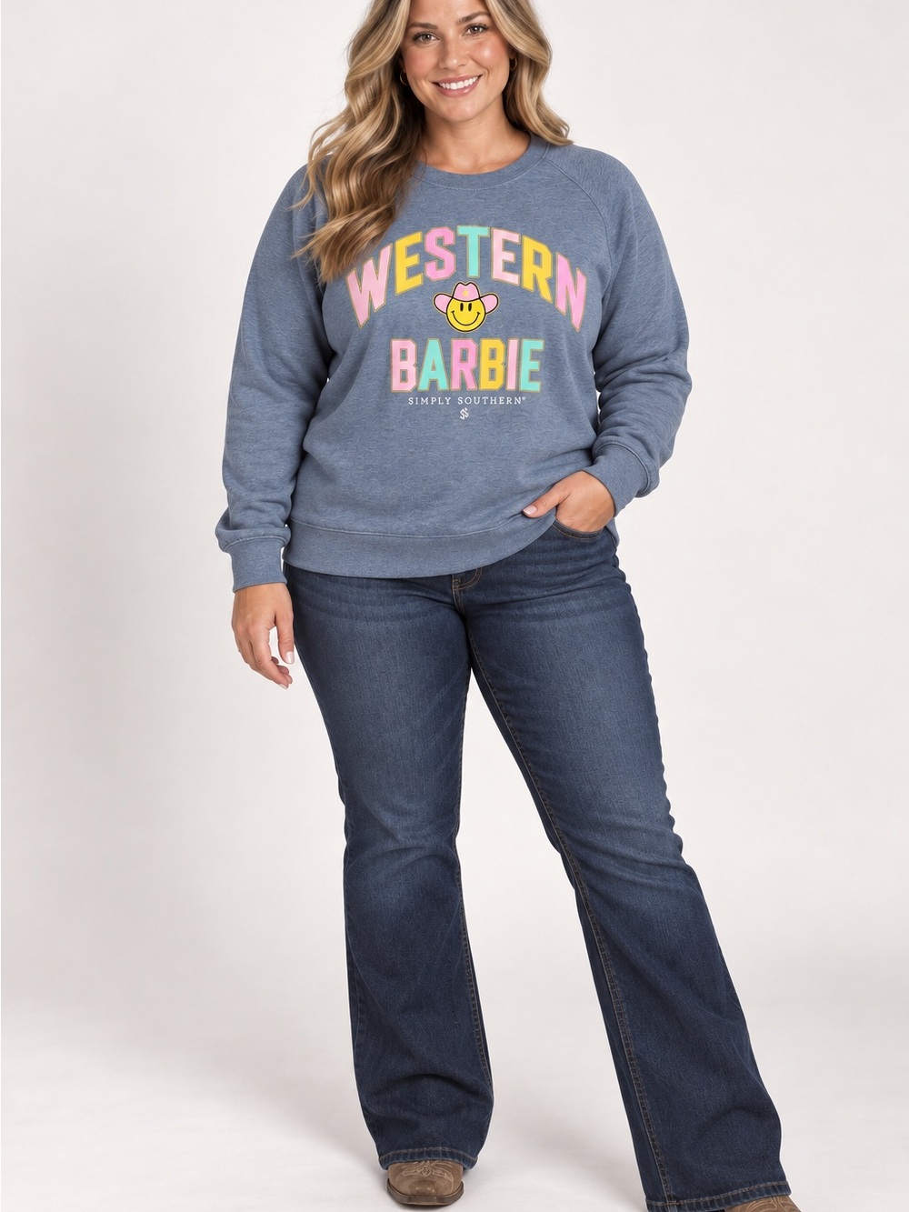 Simply Southern Blue 'Western Barbie' Crewneck Sweatshirt